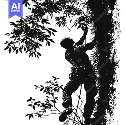 Aset desain premium: Silhouette of a Climber Ascending a Tree with Lush Foliage