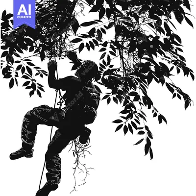 Aset premium populer: Silhouette of a Person Rappelling Down a Tree