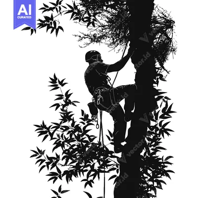 Aset desain premium: Silhouette of a Climber Ascending a Tree with Ropes and Gear