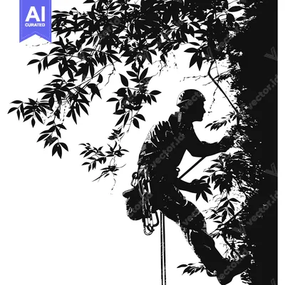 Aset premium populer: Silhouette of a Climber Scaling a Cliff Face with Lush Foliage