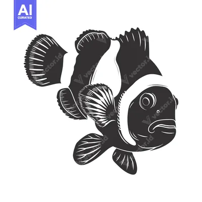 Aset desain premium: Black and white illustration of a clownfish with fins spread out