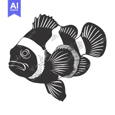 Popular premium asset: Black and white illustration of a clownfish with fins