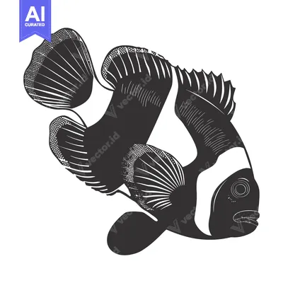 Aset desain premium: Black and white illustration of a clownfish