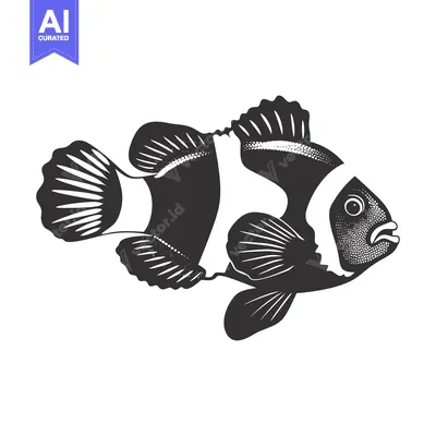 Aset desain premium: Black and white illustration of a clownfish swimming