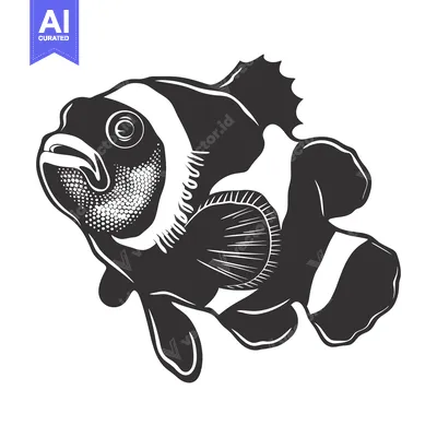 Aset desain premium: Black and White Illustration of a Clownfish with Open Mouth