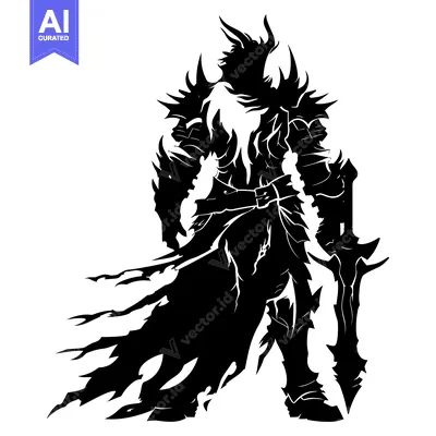Aset desain premium: Black and White Silhouette of a Heavily Armored Warrior with a Sword