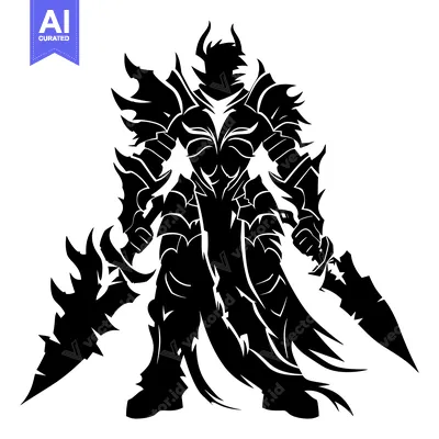 Premium design asset: Silhouetted Dark Knight Holding Two Swords