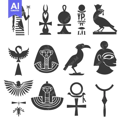 Aset desain premium: Egyptian Hieroglyphs and Symbols Set in Black Silhouettes
