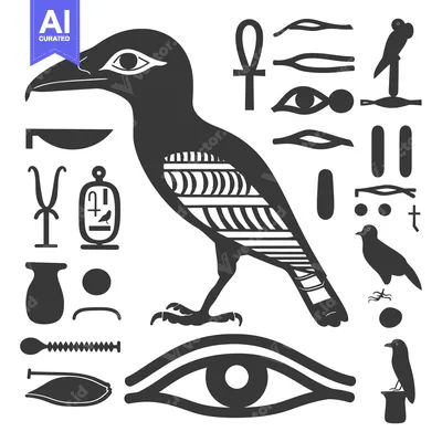 Aset desain premium: Black and White Egyptian Hieroglyphics with a Bird