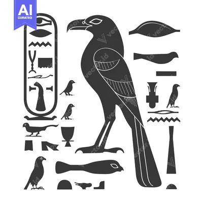 Aset desain premium: Hieroglyphic Illustration of a Bird with Ankh Symbol and Other Egyptia