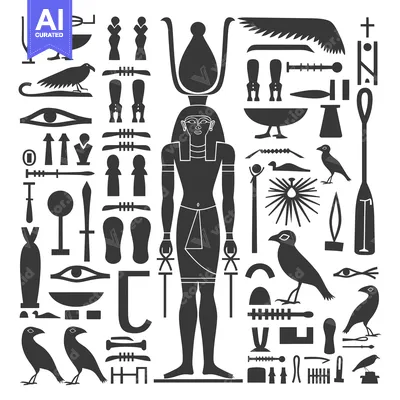 Aset desain premium: Egyptian Hieroglyphics Depicting a Standing God Figure and Other Symbo