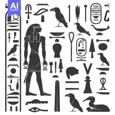 Aset desain premium: Egyptian Hieroglyphics with a Standing Pharaoh Figure