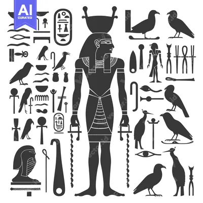 Premium design asset: Egyptian God Horus Holding Two Was Sceptres Surrounded by Hieroglyphs