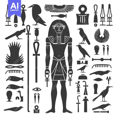 Egyptian Hieroglyphics Symbols Set Including Human Figure, Birds, and