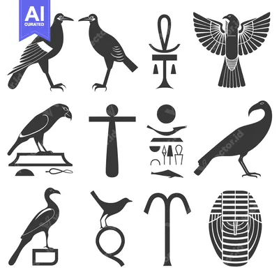 Aset desain premium: Set of Black and White Egyptian Hieroglyphs and Bird Silhouettes