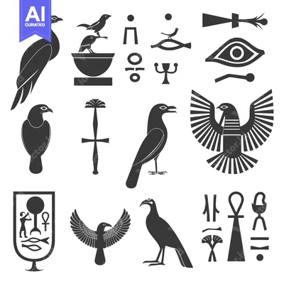 Aset desain premium: A Collection of Ancient Egyptian Hieroglyphics Including Birds, Symbol