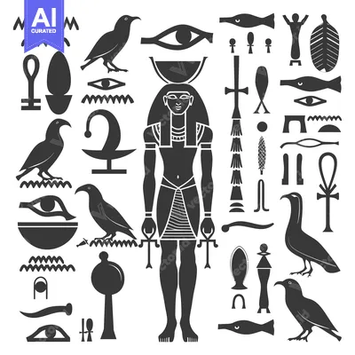 Egyptian Hieroglyphs and Symbols with a Standing Pharaoh Figure