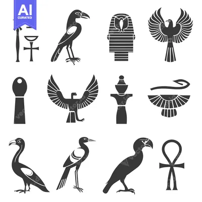 Set of Egyptian Symbols and Bird Silhouettes