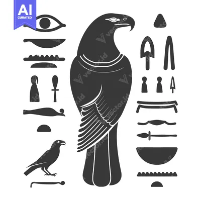 Aset premium populer: Black and White Silhouette of a Bird with Various Egyptian Hieroglyphs