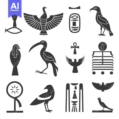 Aset desain premium: Egyptian Hieroglyphics with Birds and Symbols