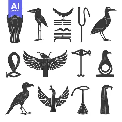 Premium design asset: Egyptian Hieroglyphics and Bird Symbols in Black and White