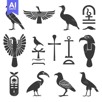 Premium design asset: Egyptian Mythology Symbols with Birds, Hieroglyphs, and Ankh