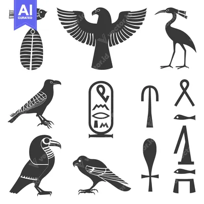 Aset desain premium: Egyptian Hieroglyphs and Symbolic Animals Silhouettes