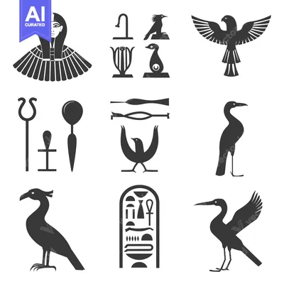 Aset desain premium: Egyptian Hieroglyphs and Symbols, Including Birds, a Pharaoh, and an A
