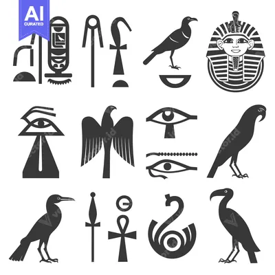 Aset desain premium: Collection of Black and White Egyptian Hieroglyphs and Symbols
