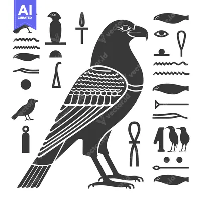 Aset desain premium: Egyptian Hieroglyphics with a Silhouette of a Falcon
