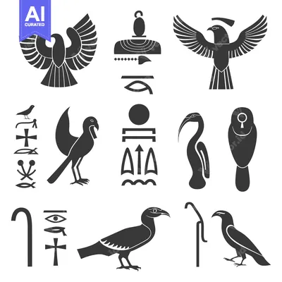 Aset desain premium: Egyptian Mythology Symbols with Birds and Hieroglyphs