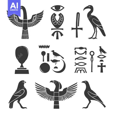 Aset desain premium: Egyptian Hieroglyphics and Bird Icons in Black and White