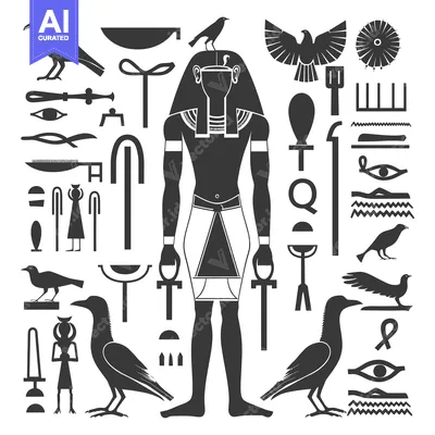 Aset desain premium: Egyptian Hieroglyphs and Symbols with a Standing Pharaoh Figure