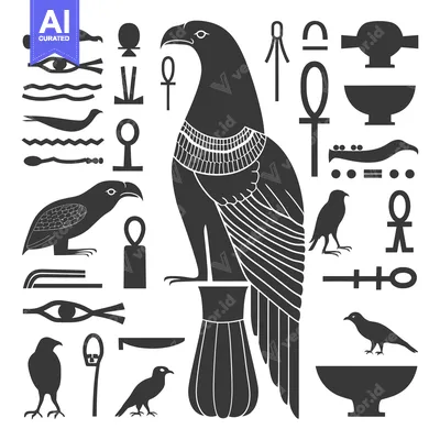 Aset desain premium: Black and White Illustration of Egyptian Mythology Symbols and Birds