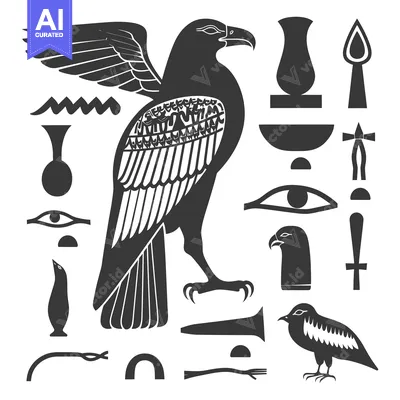 Aset desain premium: Black and White Egyptian Hieroglyphics with an Eagle and Other Symbols