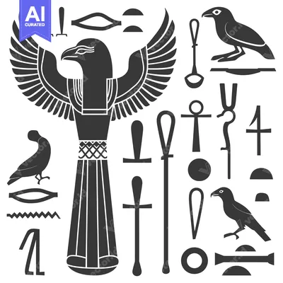 Egyptian Hieroglyphics and Symbols Set with Winged Bird