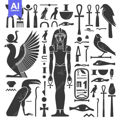 Aset desain premium: Egyptian Hieroglyphs and Symbols with a Human Figure and Birds