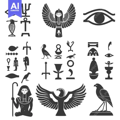 Aset desain premium: Collection of Ancient Egyptian Hieroglyphs and Symbols in Black Silhou