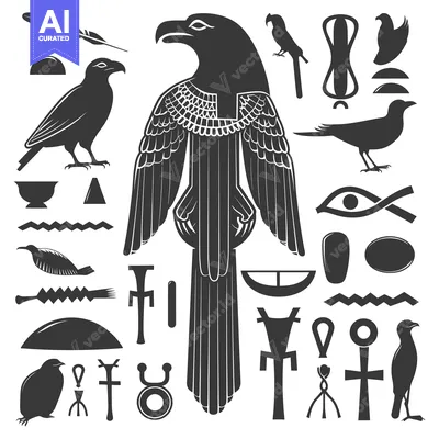 Aset desain premium: Egyptian Hieroglyphics with Birds and Symbols