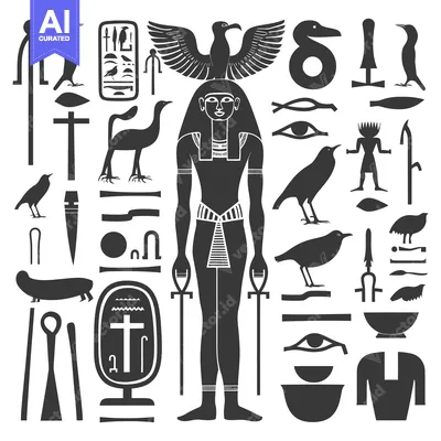 Premium design asset: Egyptian Hieroglyphics Depicting a Human Figure with Birds, Symbols, a