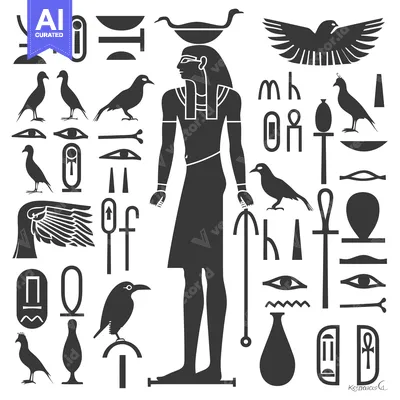 Aset desain premium: Egyptian Hieroglyphics Depicting a Pharaoh with Symbols and Birds