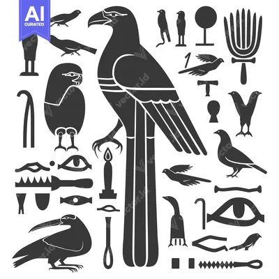 Aset desain premium: Set of Egyptian Hieroglyphs Including Birds and Other Symbols