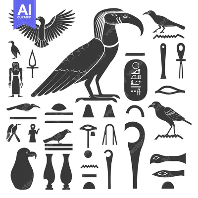 Aset desain premium: Egyptian Hieroglyphs and Symbols Including a Bird of Prey