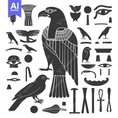 Aset desain premium: Egyptian Hieroglyphics with an Eagle, Birds, and an Eye of Horus
