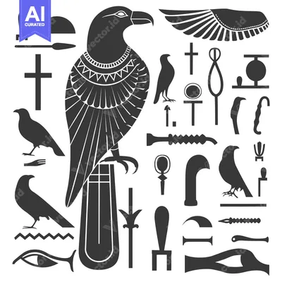 Aset desain premium: A Collection of Egyptian Hieroglyphs with a Prominent Bird Figure