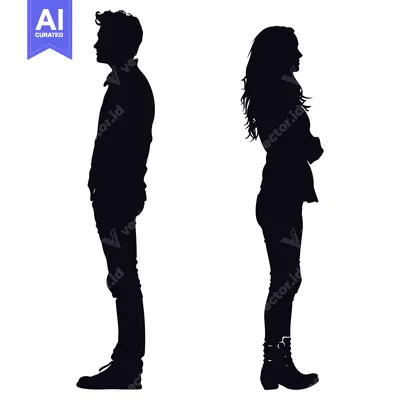 Aset desain premium: Silhouettes of a Man and Woman Standing Back to Back