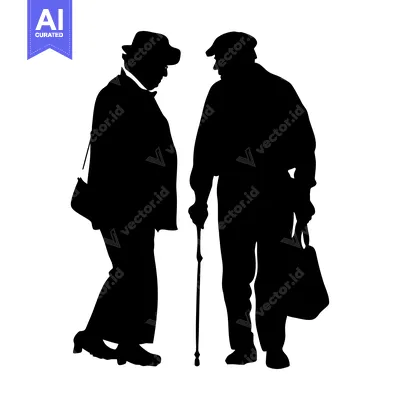 Aset desain premium: Two Silhouettes of Elderly People in Conversation