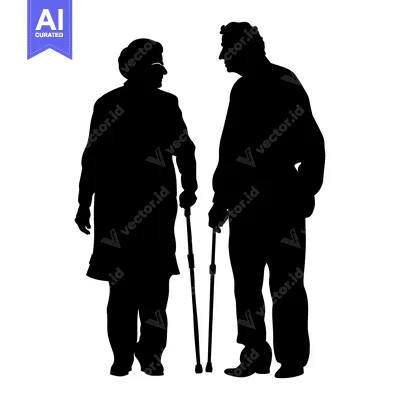 Popular premium asset: Silhouette of an elderly couple standing with a walking stick