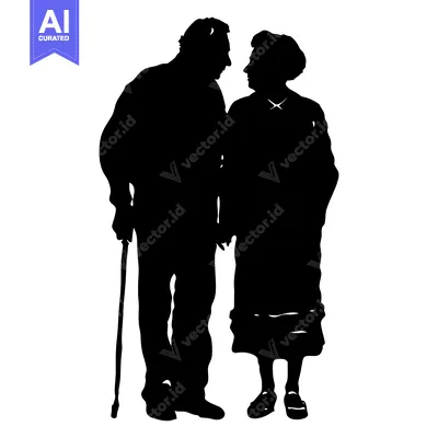 Aset premium populer: Silhouette of an elderly couple standing together, the man holding a c