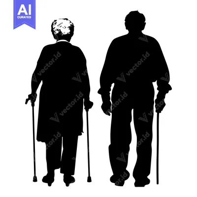 Aset desain premium: Silhouette of an Elderly Couple Walking with Canes